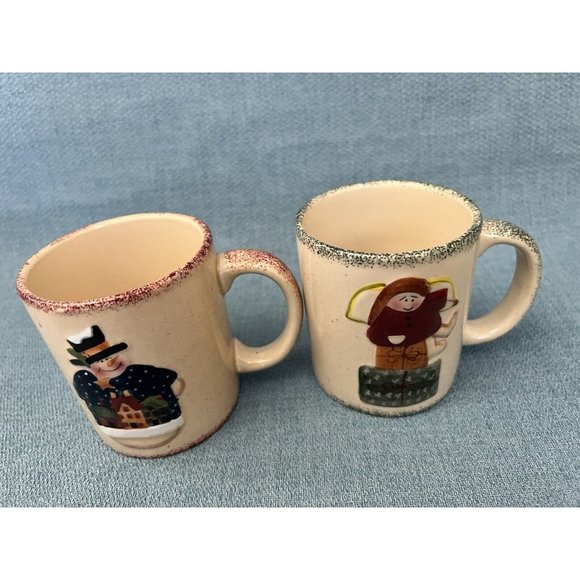 Holiday Christmas Coffee Mug 3D Snowman Angel Set / 2 Oldies Look Microwave Safe - Picture 2 of 8